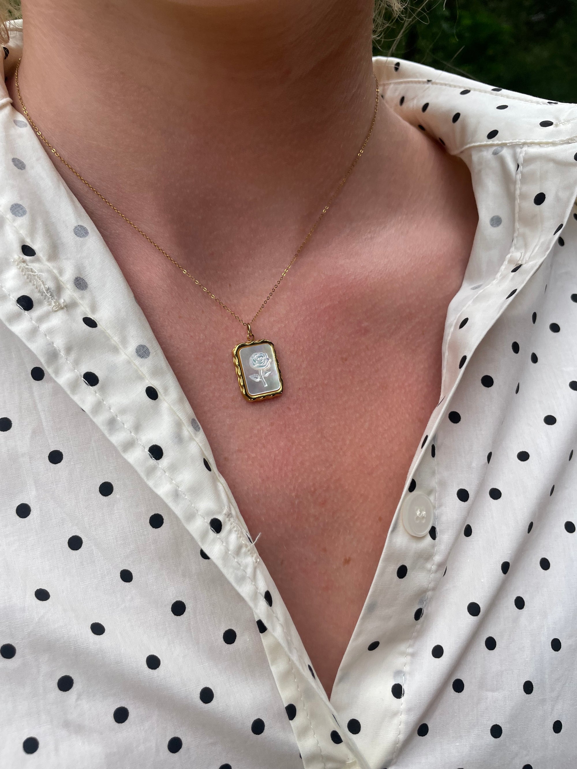 Mother of Pearl Rose Rectangle Pendant Necklace