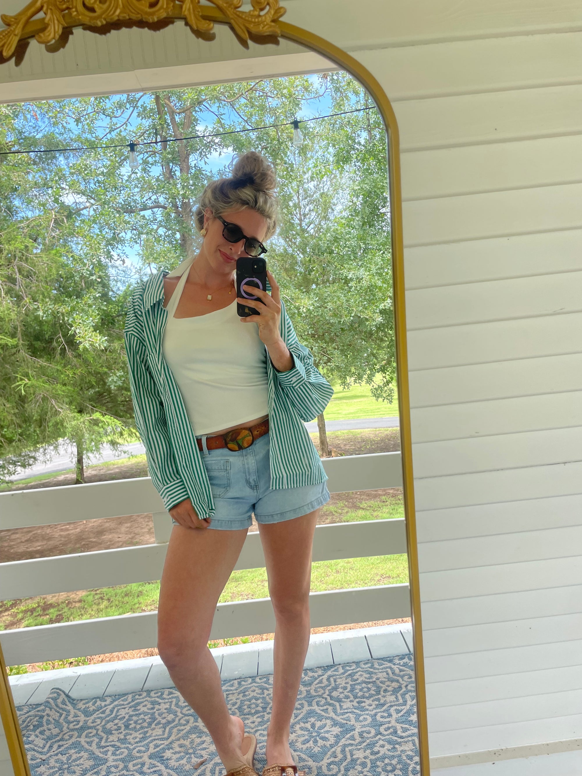 Green Striped Oversized Button Up