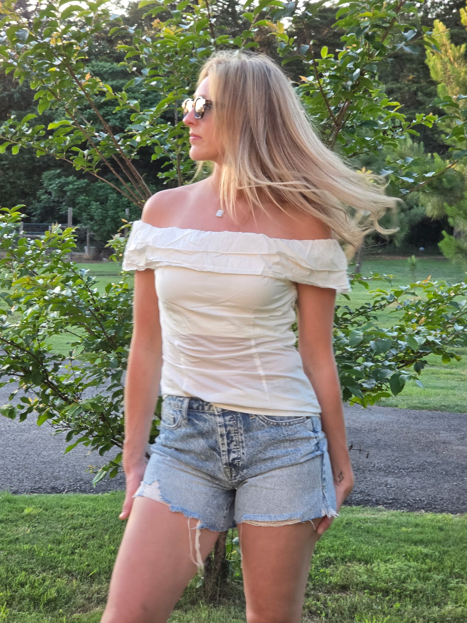 Off-shoulder Ruffle Poplin Top
