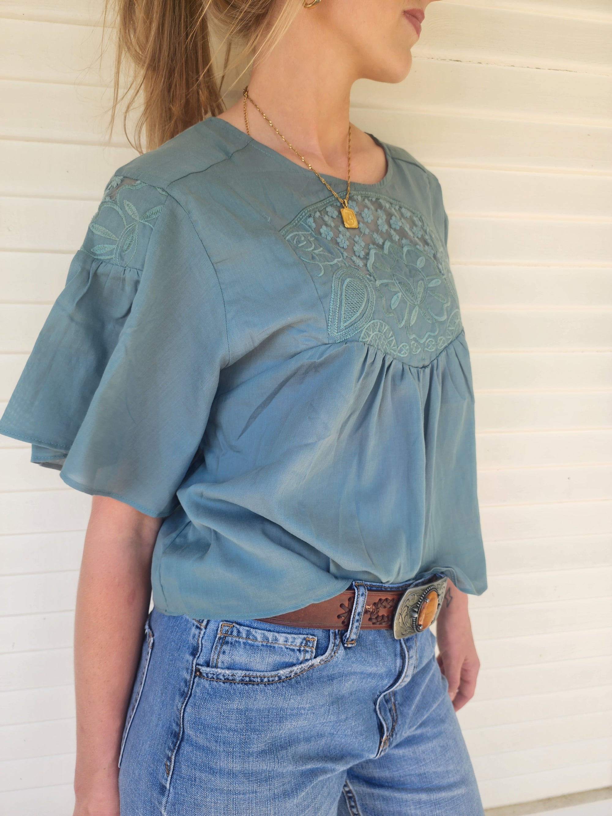 Teal Embroidered Flutter Sleeve Top