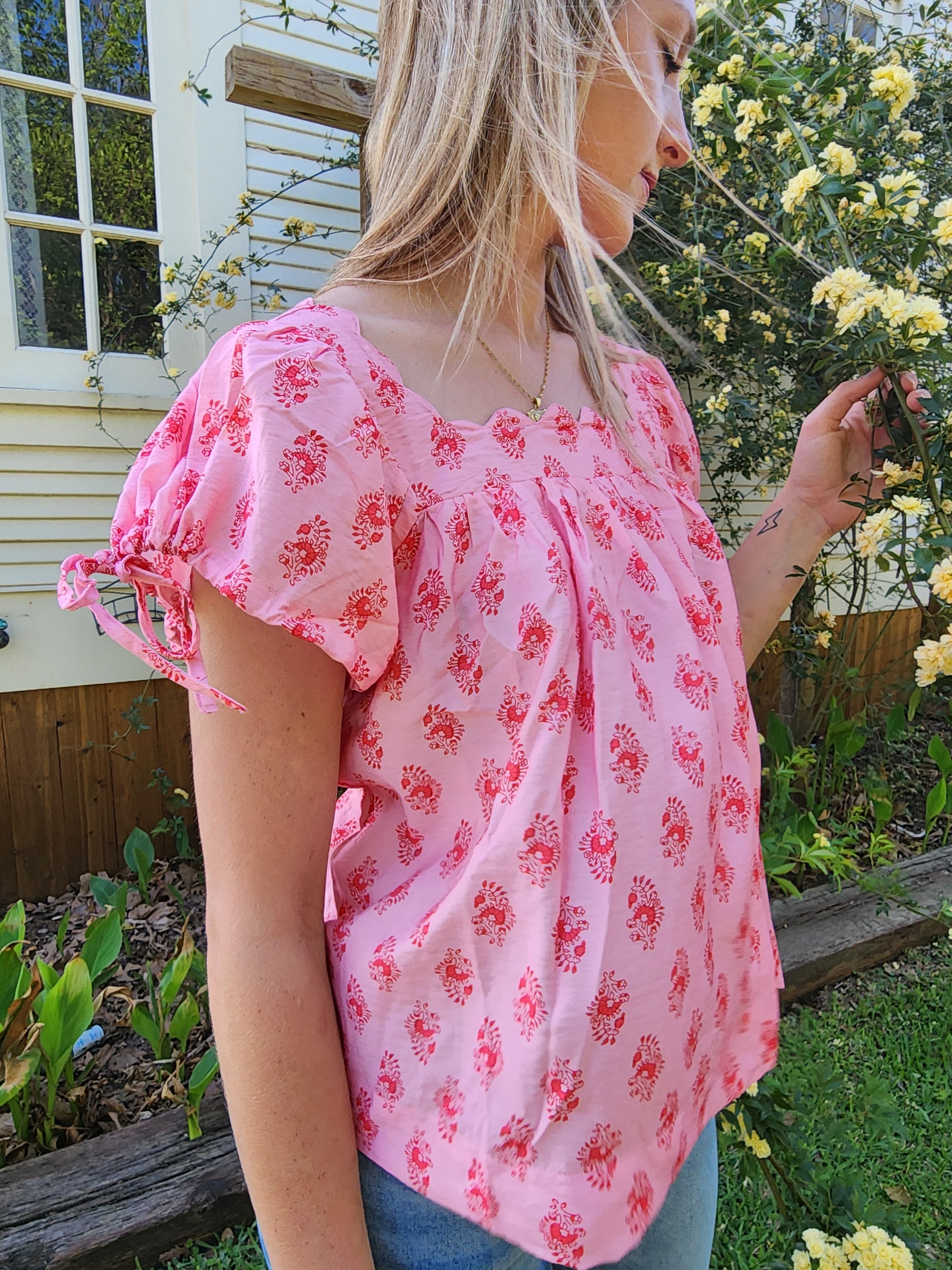 Pink Square Neck with Block Print