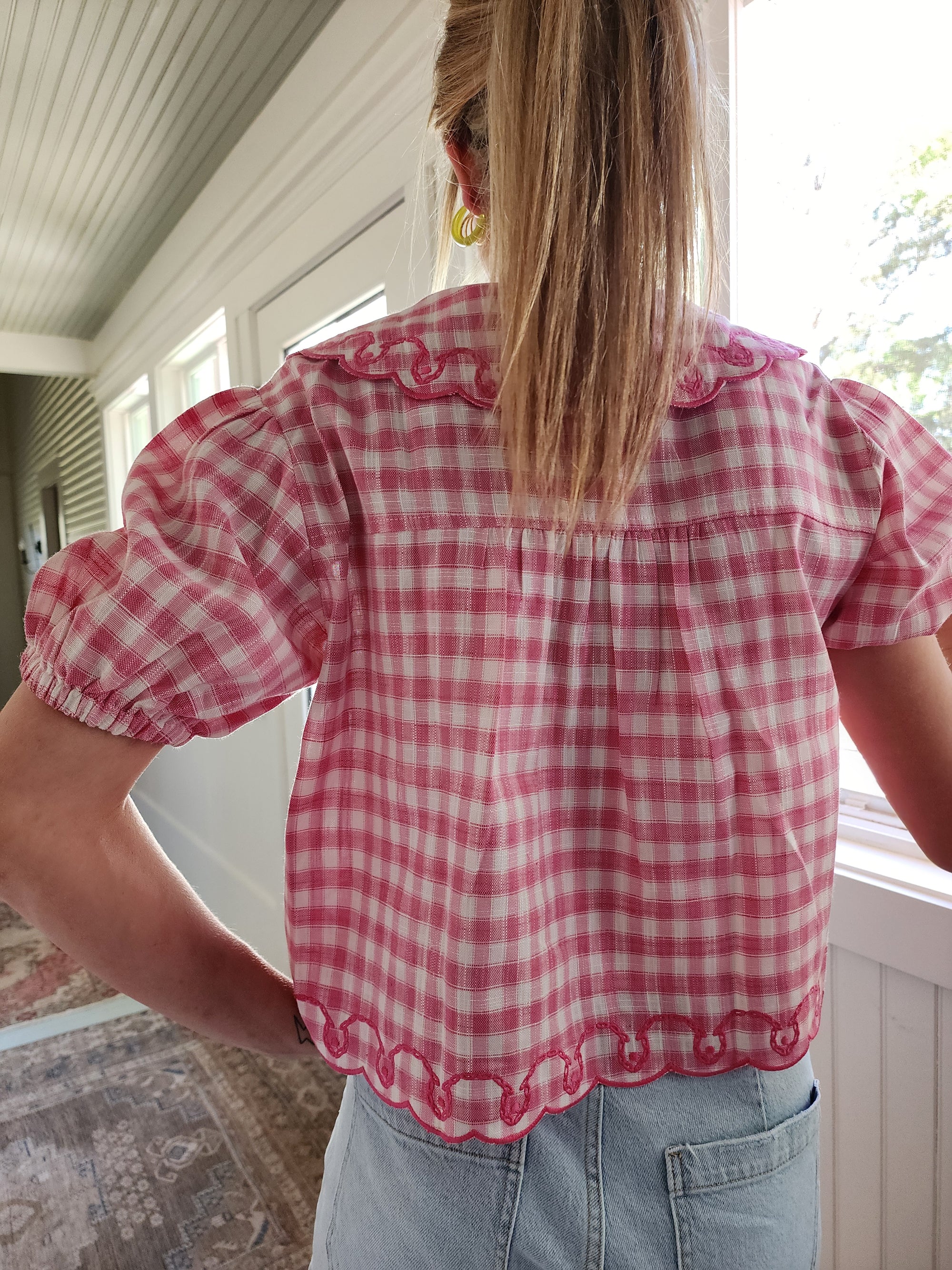 Embroidered Gingham with Tie-Front in Pink