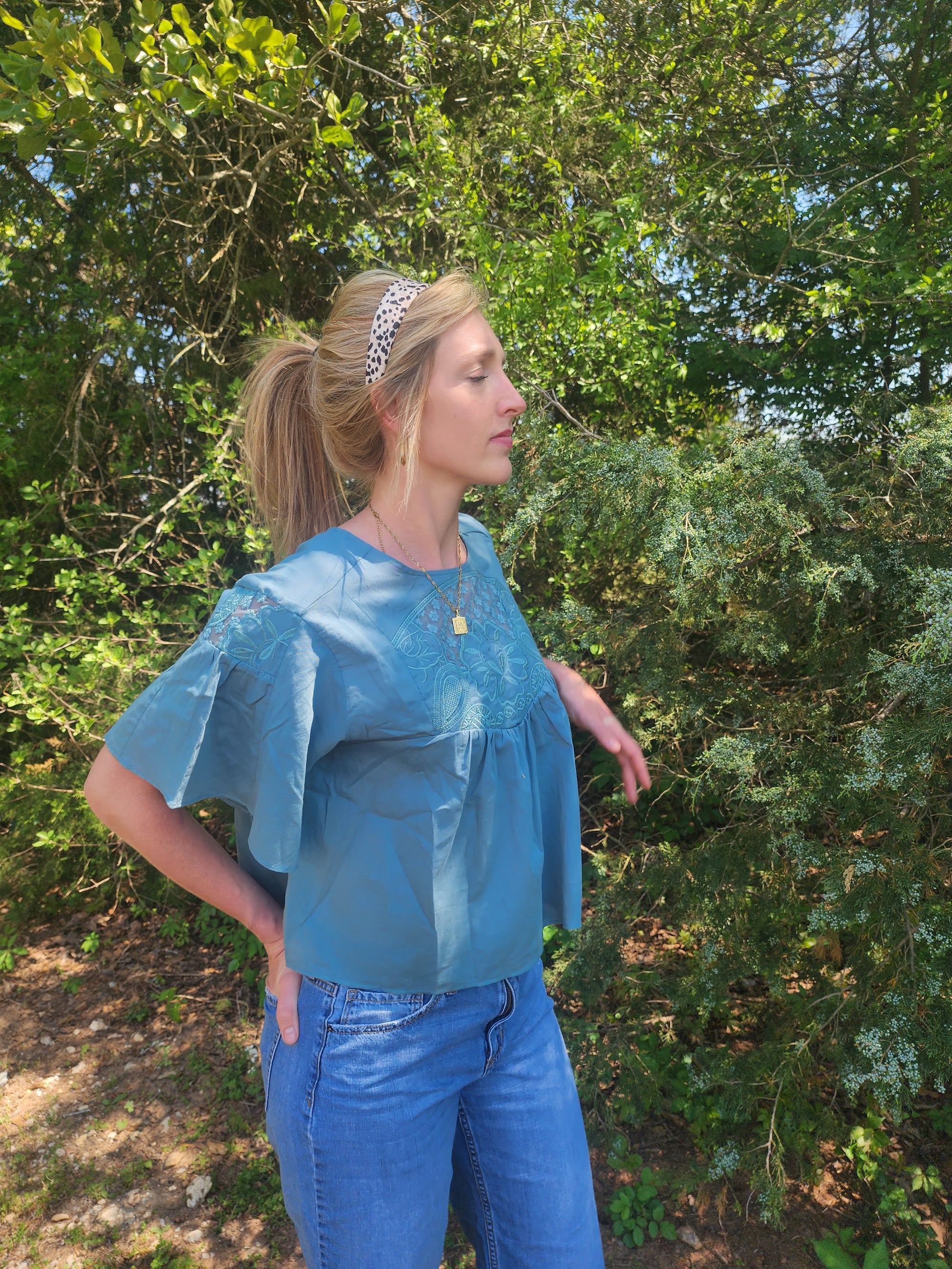 Teal Embroidered Flutter Sleeve Top