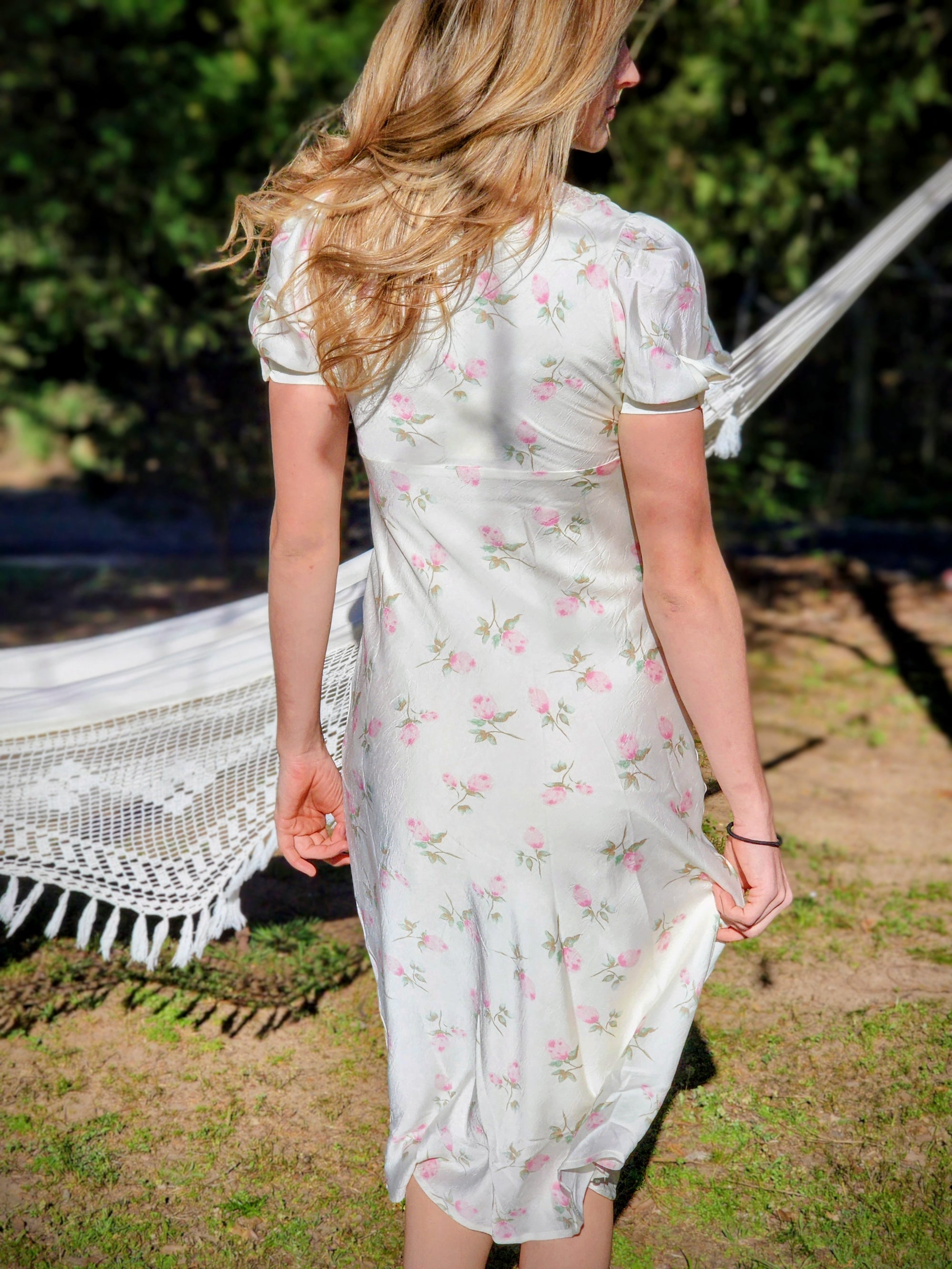 Floral Satin Midi Dress with Lace Neckline