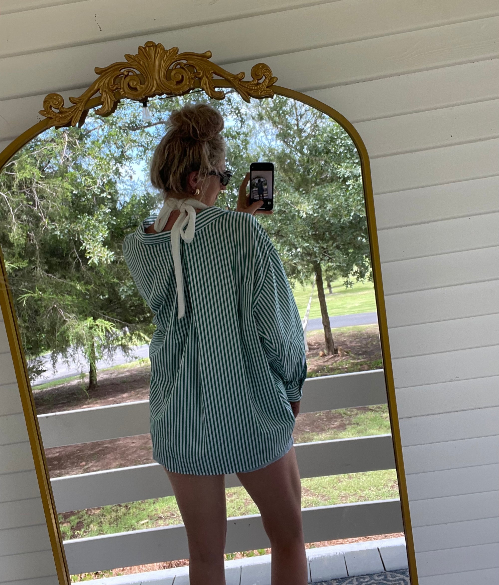 Green Striped Oversized Button Up