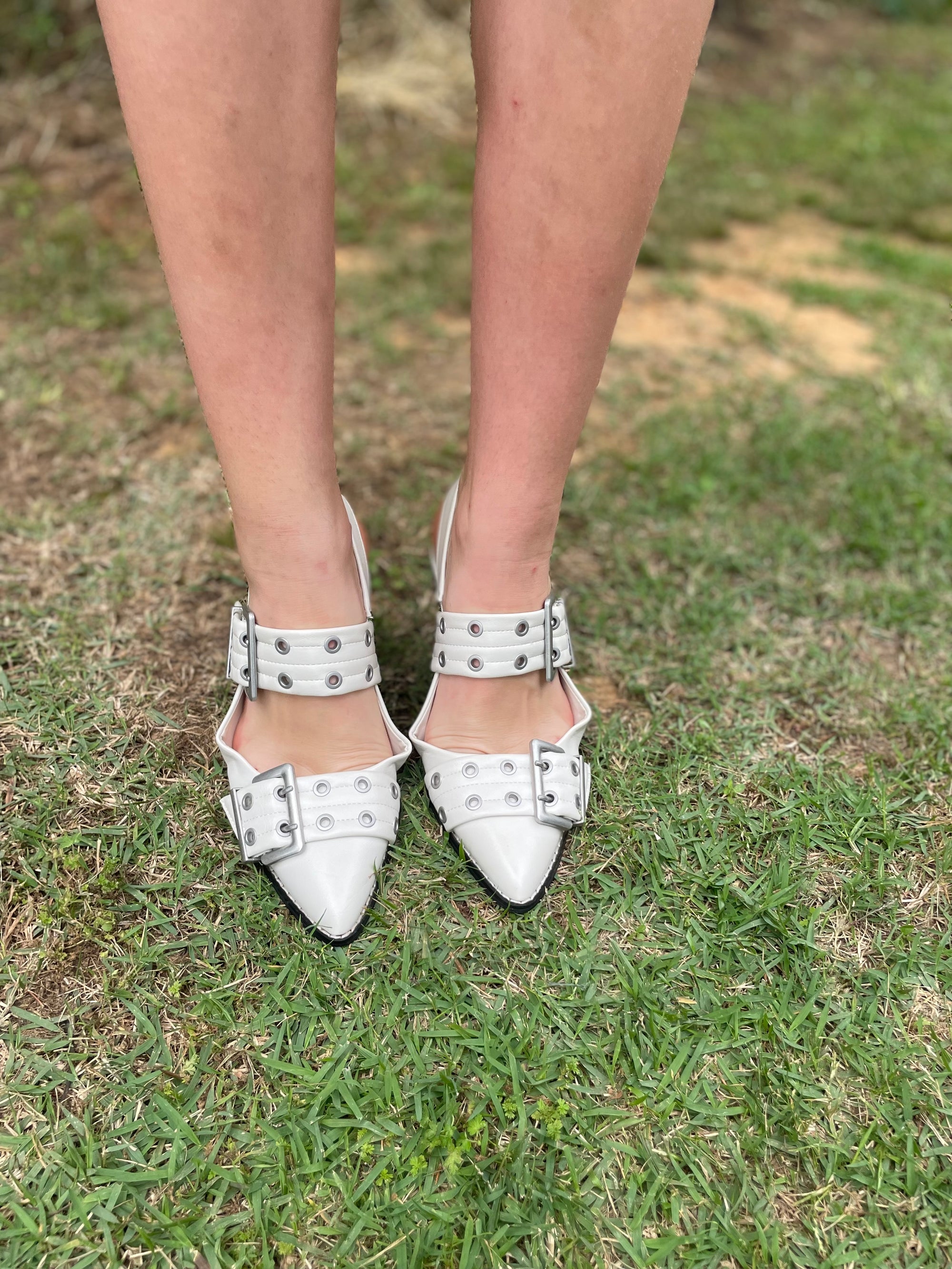 White Double Buckle Flats