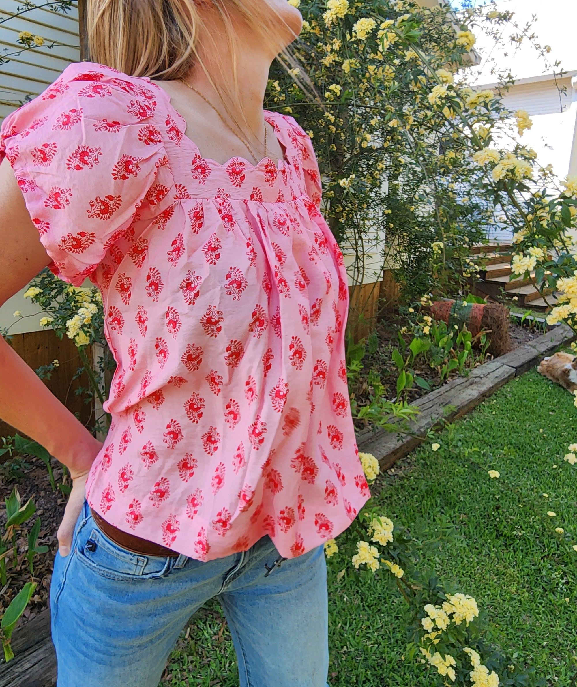 Pink Square Neck with Block Print