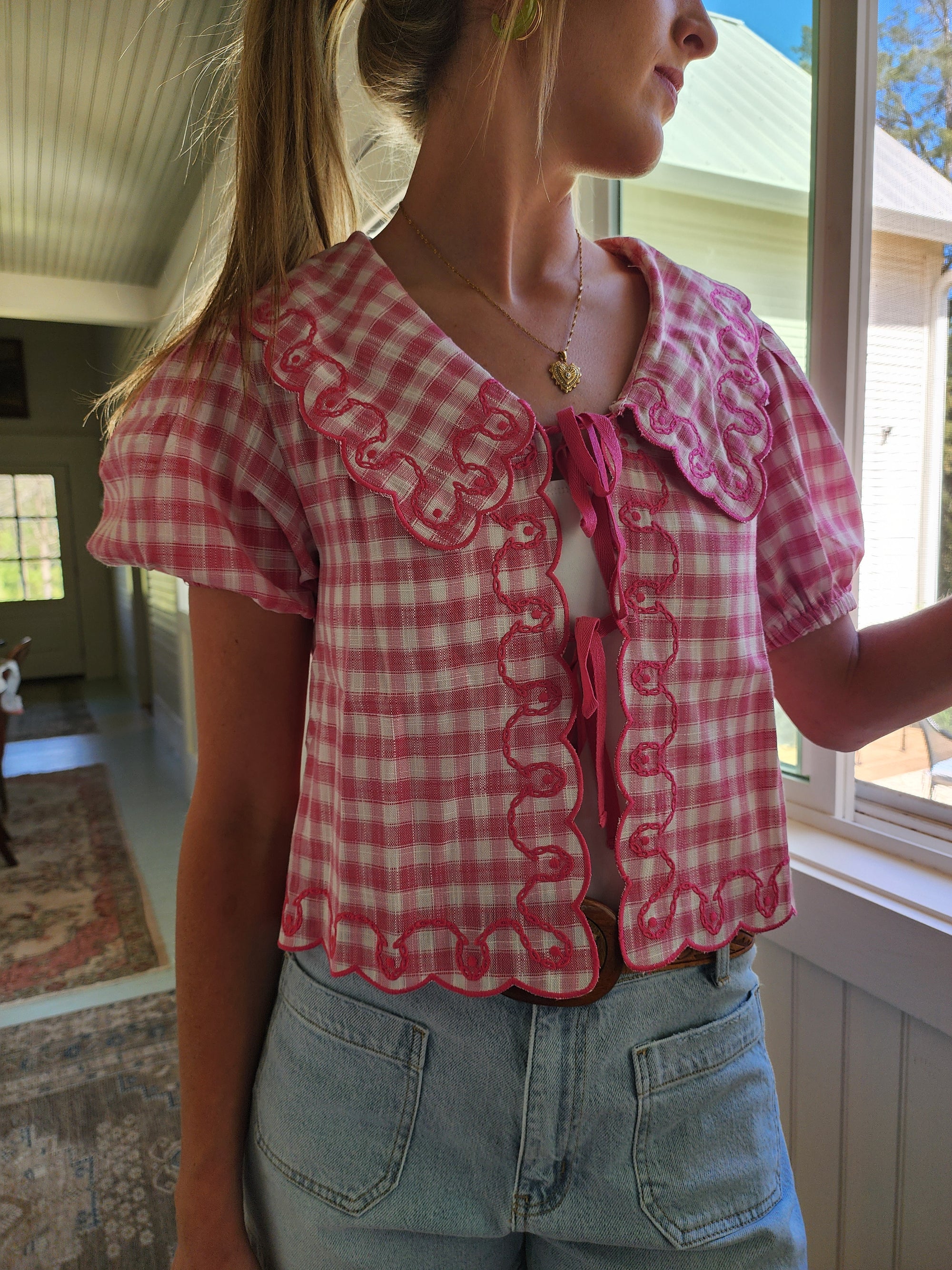 Embroidered Gingham with Tie-Front in Pink