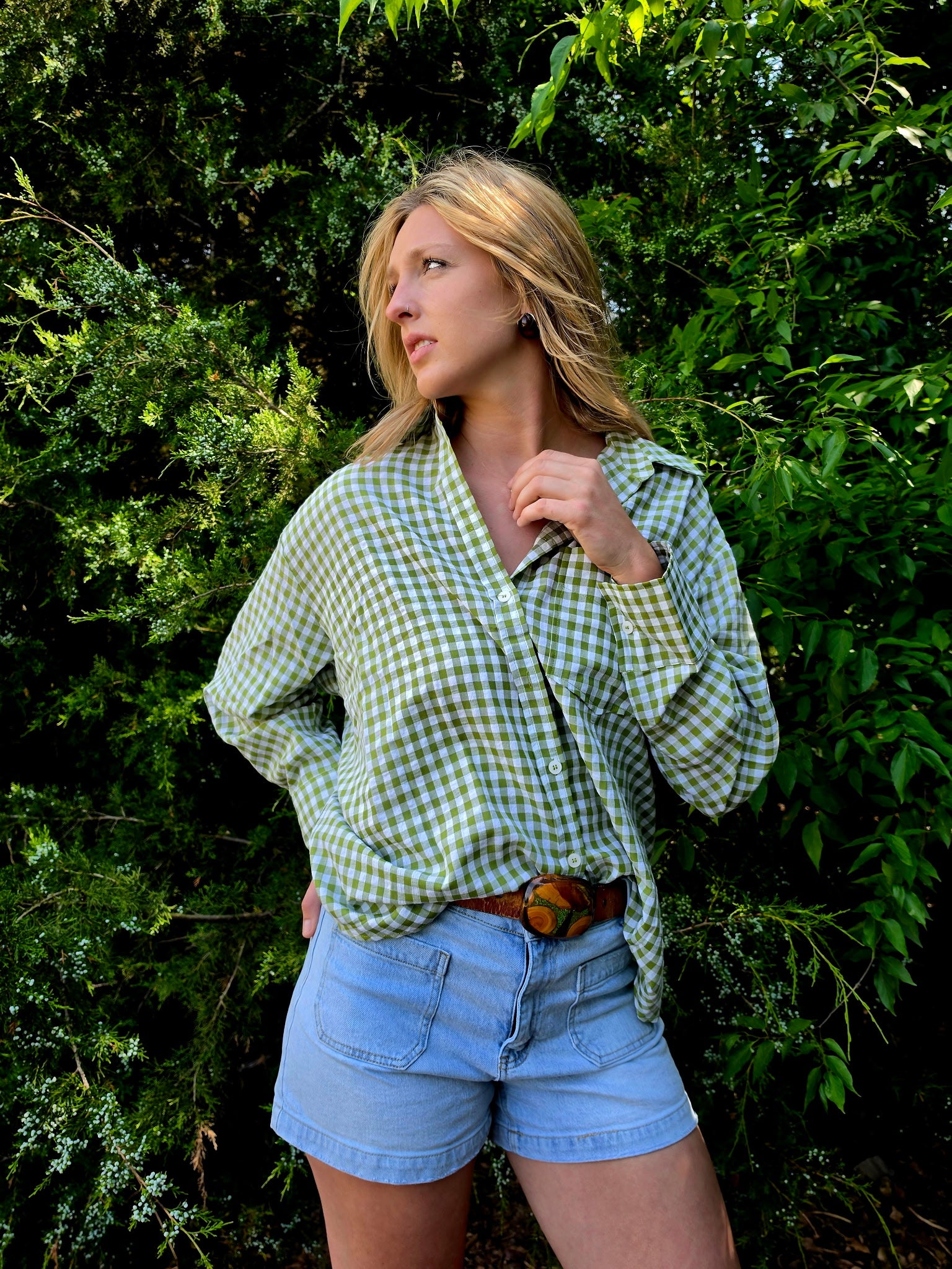 Oversized Gingham Button Up Top