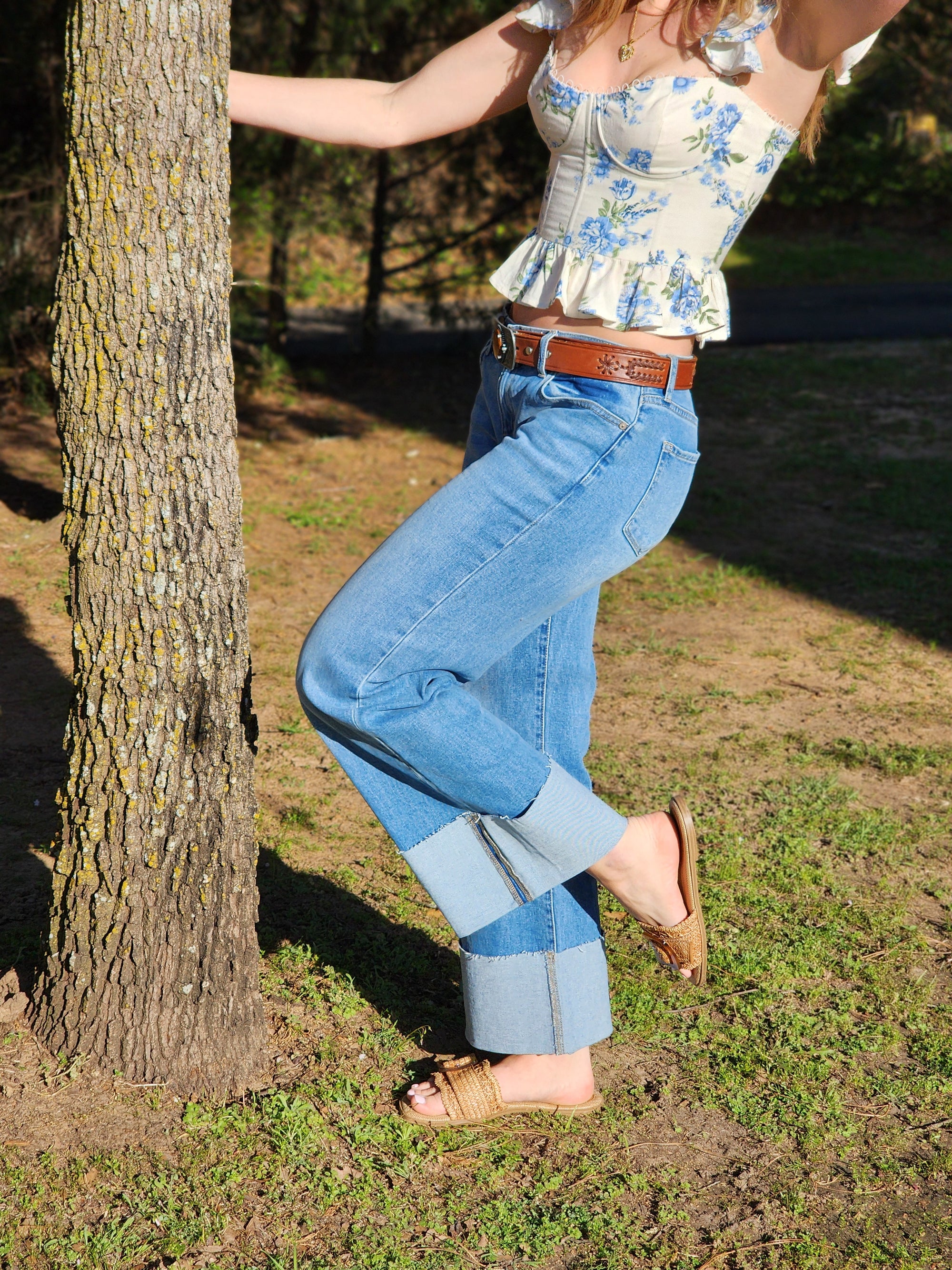 Kancan Medium Washed Wide Flared Jeans with Cuffed Hem