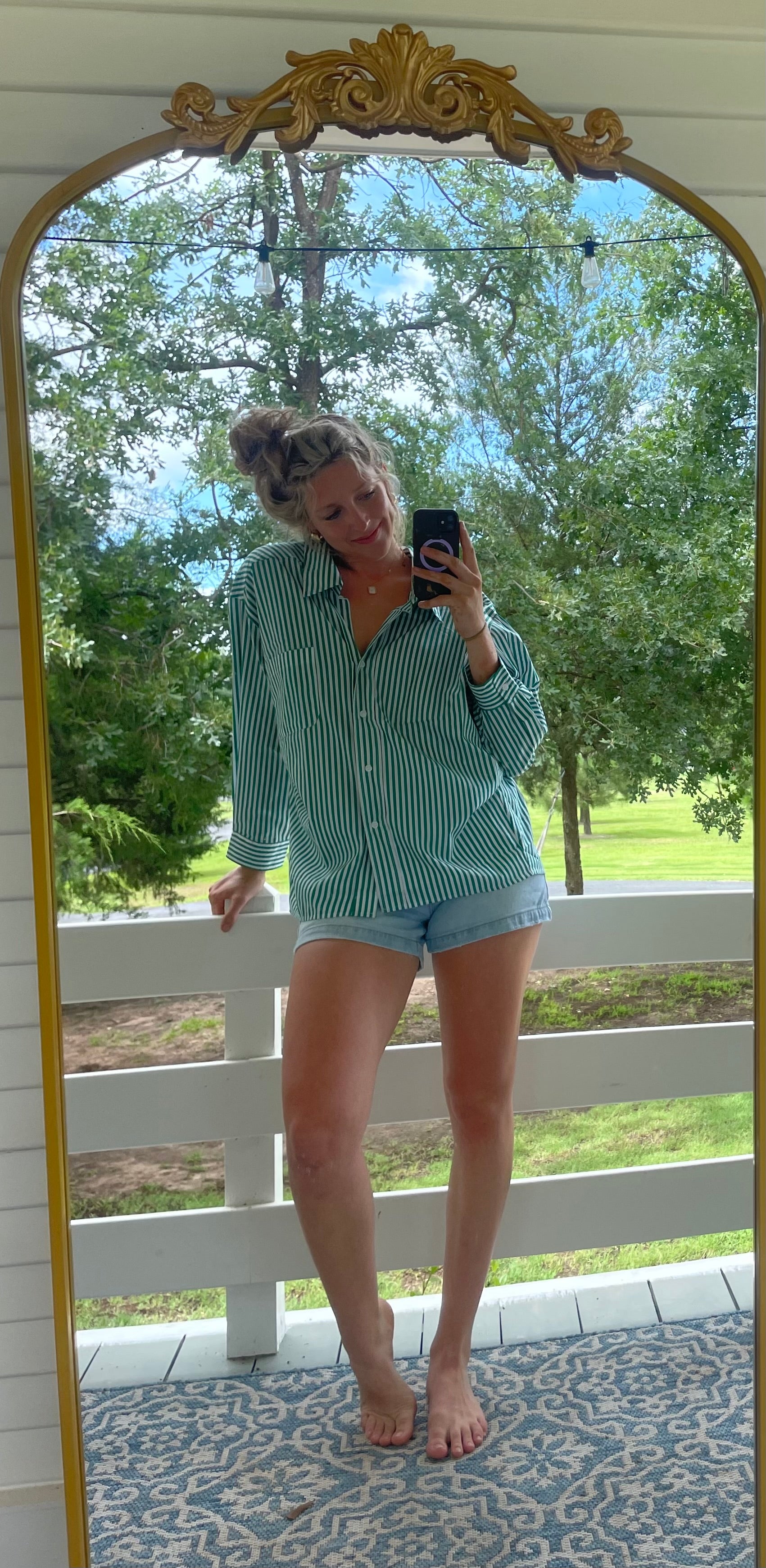 Green Striped Oversized Button Up