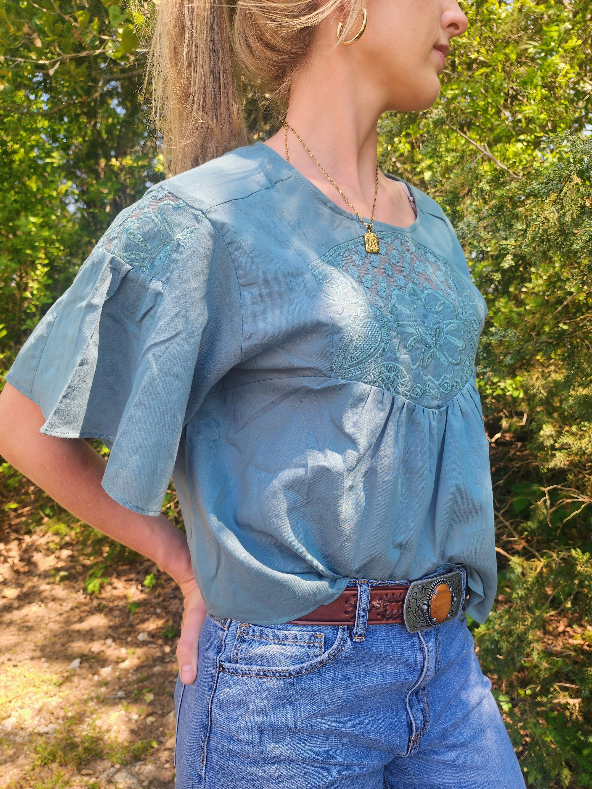 Teal Embroidered Flutter Sleeve Top