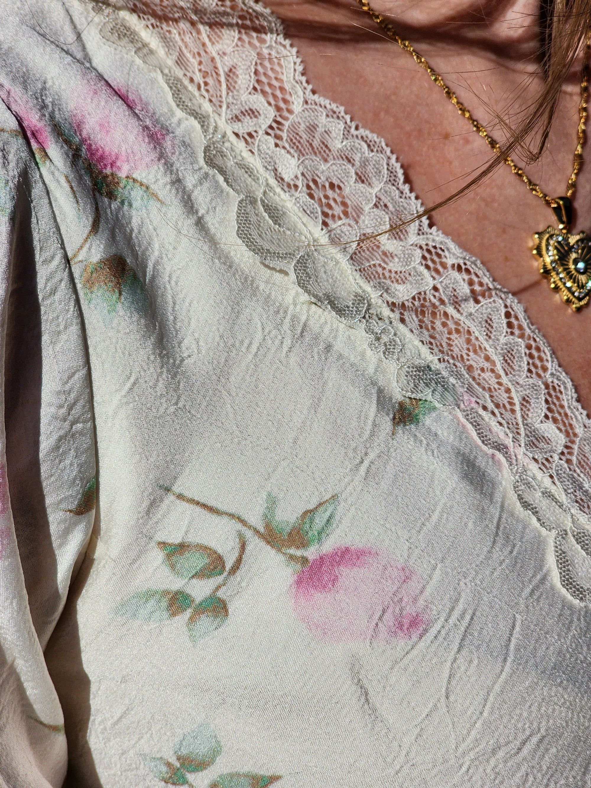 Floral Satin Midi Dress with Lace Neckline