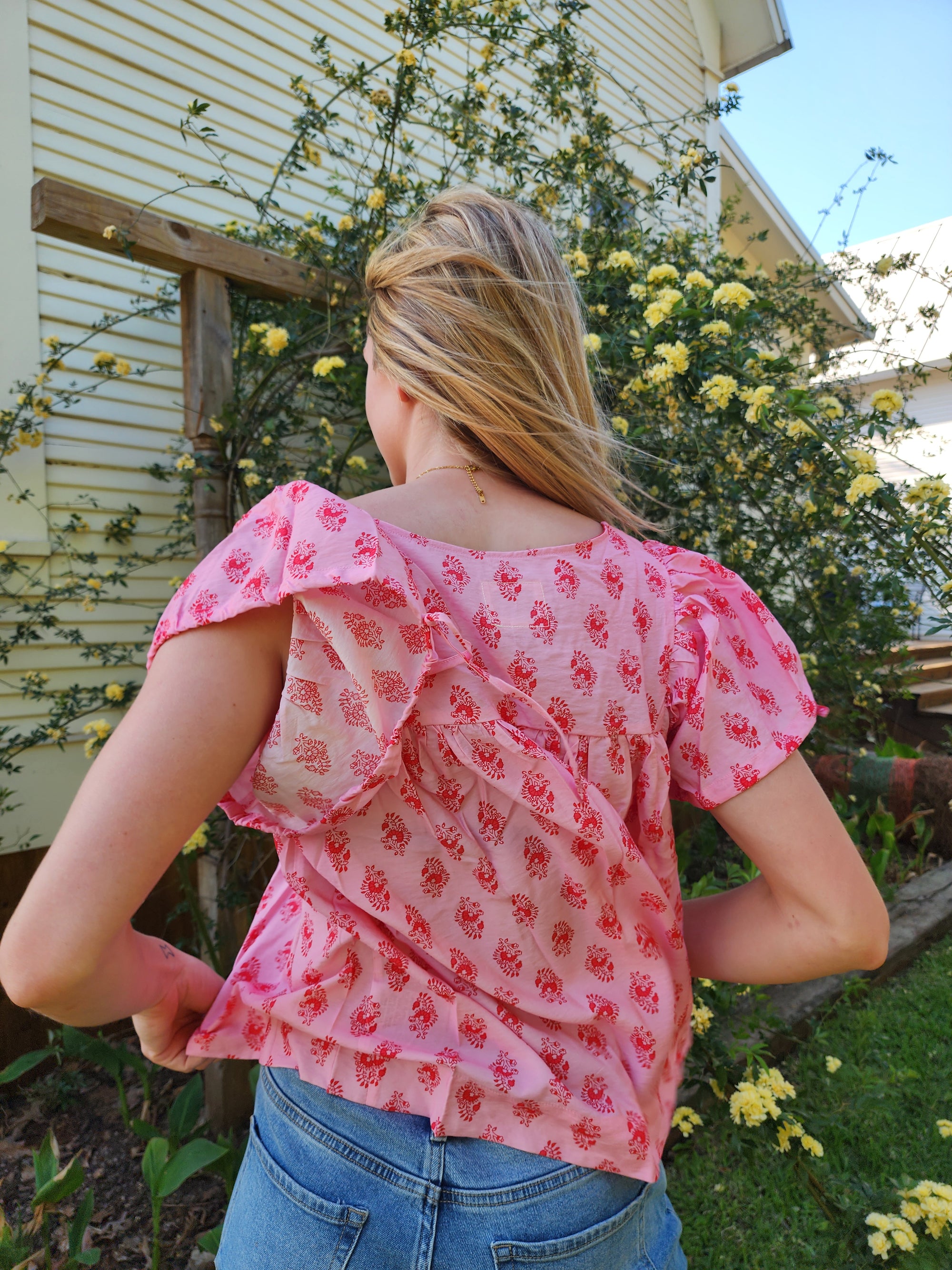 Pink Square Neck with Block Print
