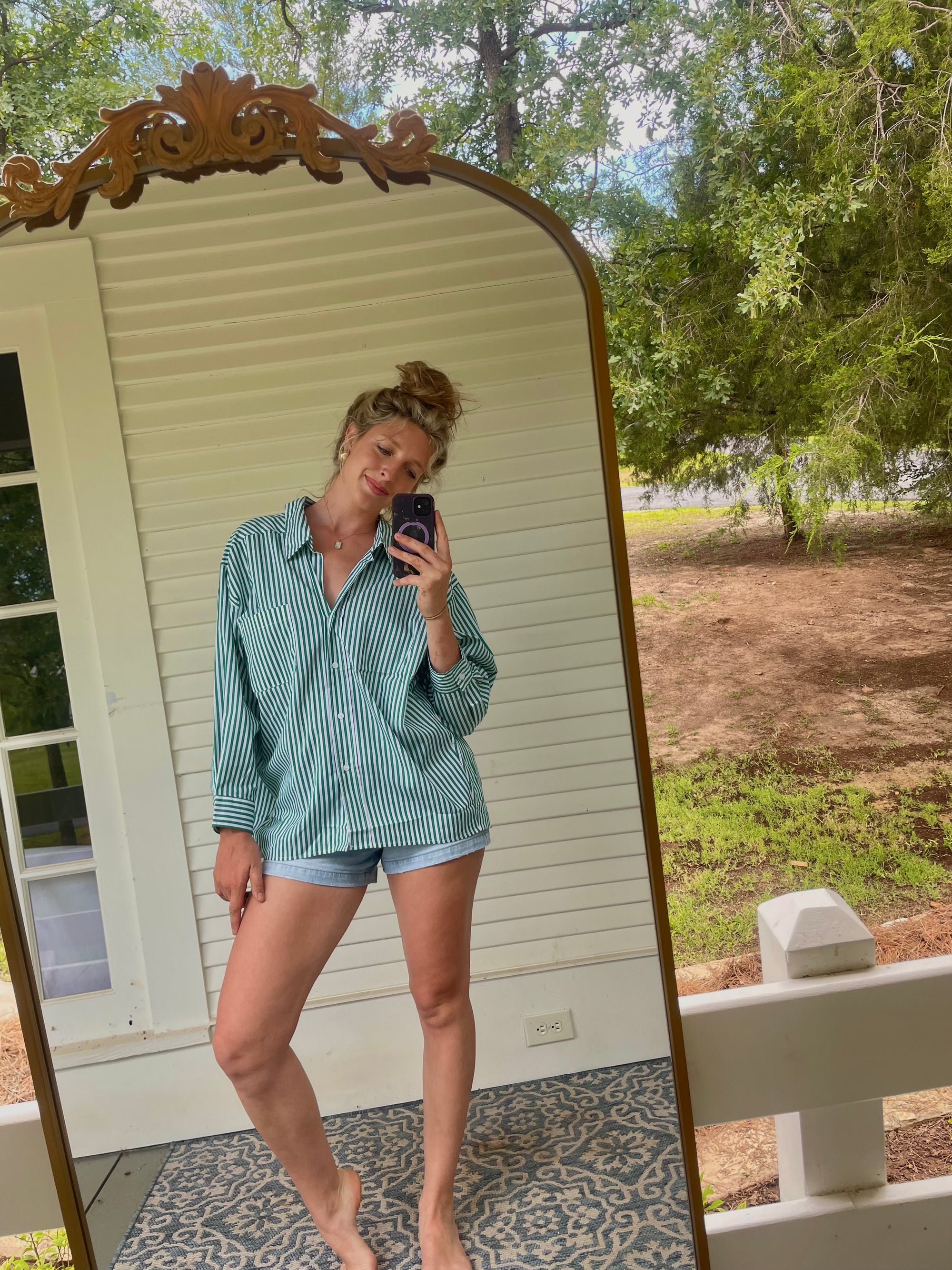 Green Striped Oversized Button Up