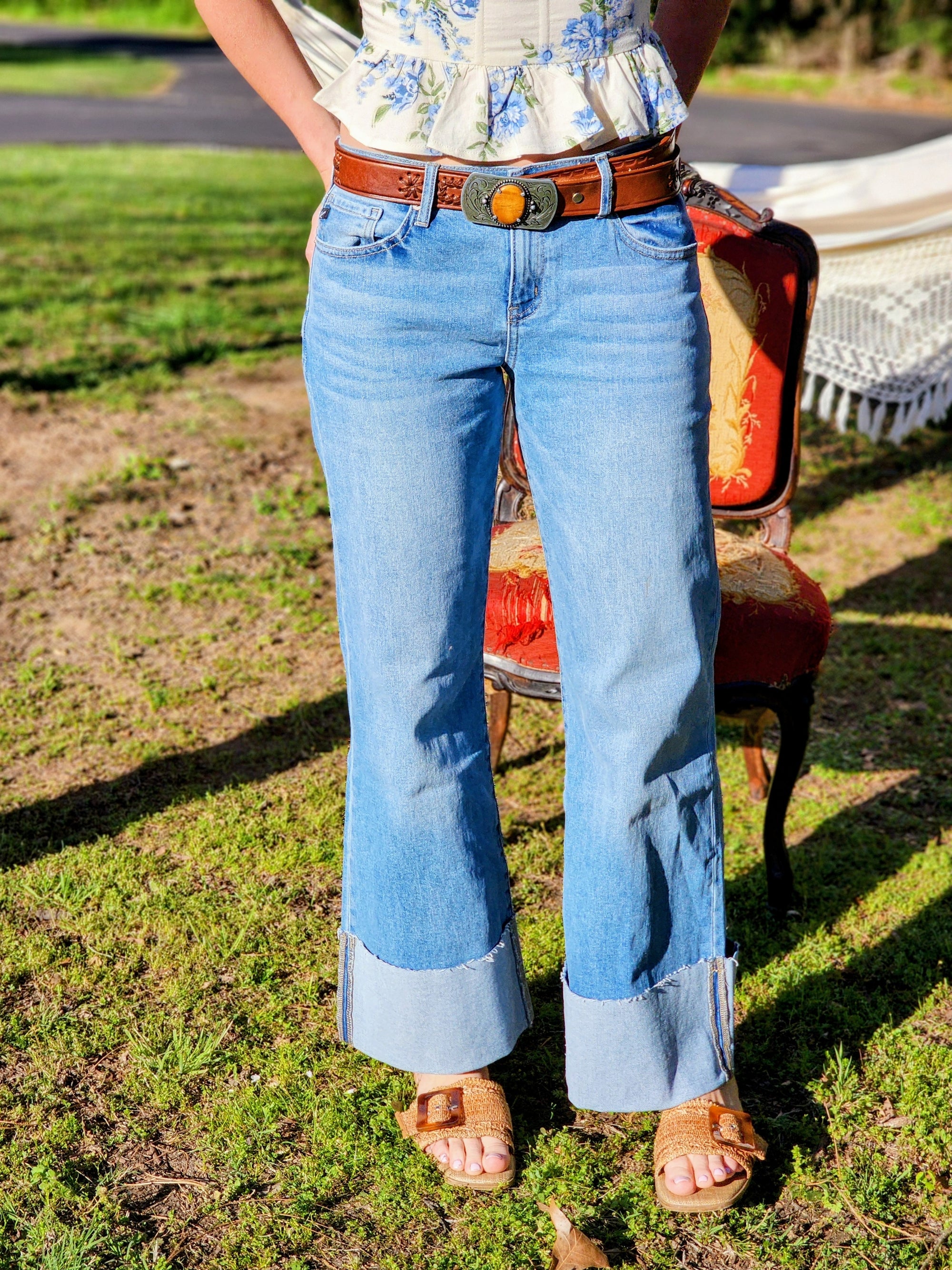 Kancan Medium Washed Wide Flared Jeans with Cuffed Hem